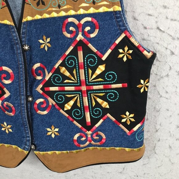 Vintage Hairston Roberson Ropa Vest Womens M  Blue Denim Embroidery Boho Art - Picture 13 of 16